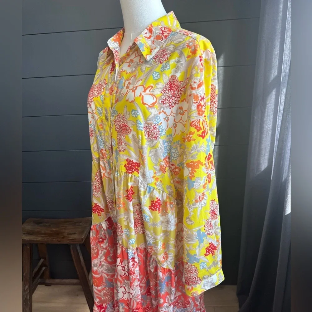 French Connection Yellow and Red Tiered Flowy Boho Floral Long Sleeve Maxi Dress - Picture 4 of 11